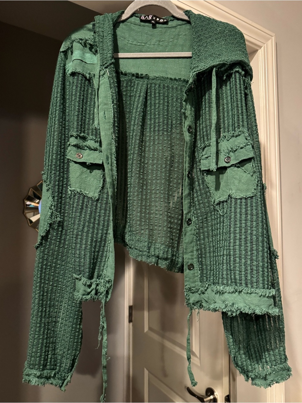 BAR x POL Green Distressed Open Knit Hooded Utility Jacket XL Boho Sheer